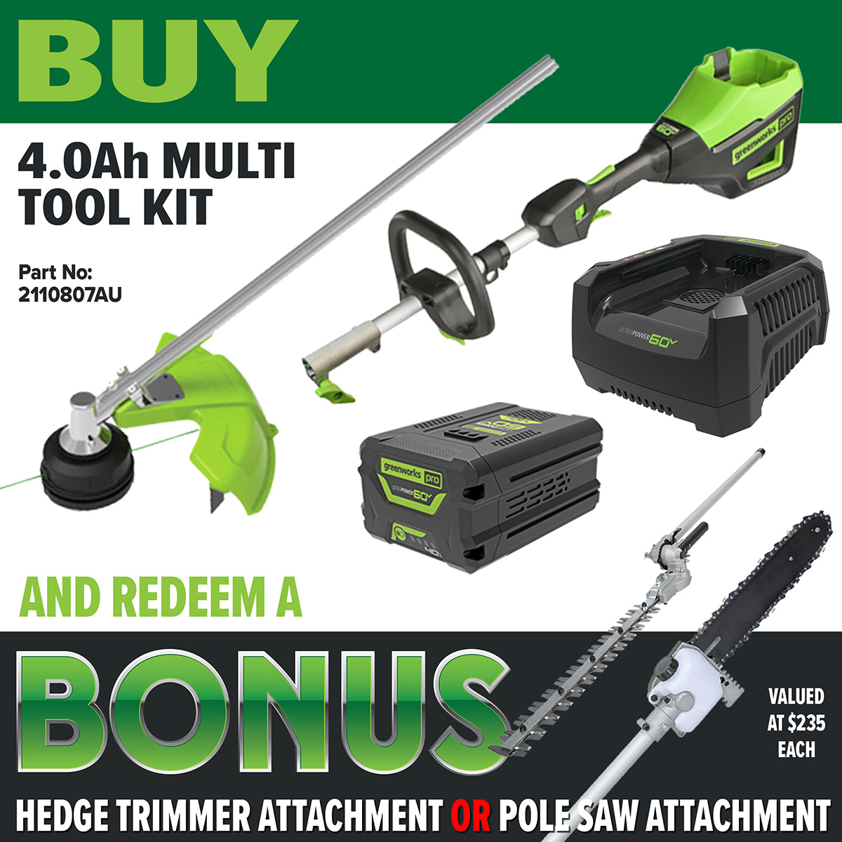 Greenworks STC459 60V Trimmer 4Ah Kit [2110807AU] - Includes 4.0Ah