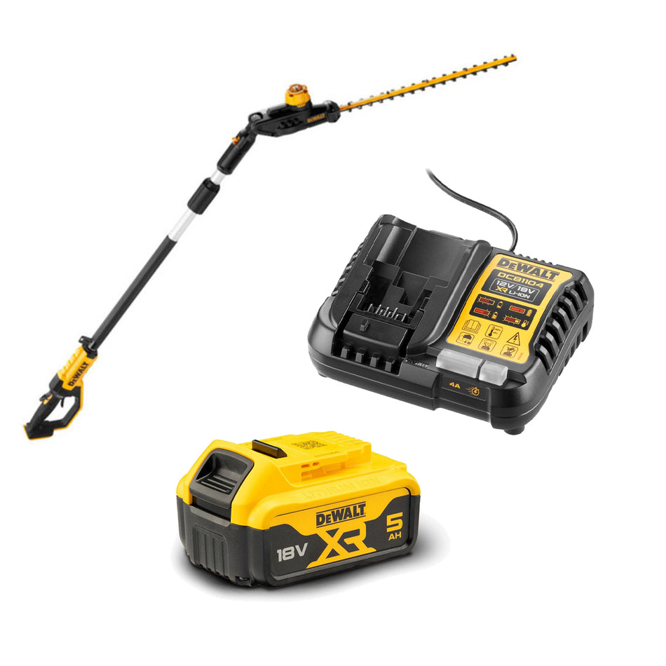 DeWALT-DeWALT 18V 5Ah Hedge trimmer Kit - 18V Brushless Pole Hedge Trimmer with 5Ah Battery & Charger-Battery Hedge Trimmer Kit-
