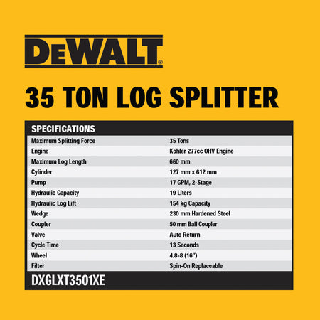 DeWALT-DeWALT 35T Lifting Log Splitter - 277cc Kohler engine, Fast 13s cycle time, Log Lifting Table!-Log Splitter-