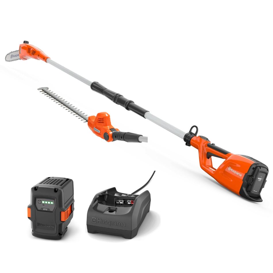 Husqvarna 120iTK4-PH Pole Saw and Hedge Trimmer - 2-in-1 tool with long reach for hedge trimming and branch cutting.