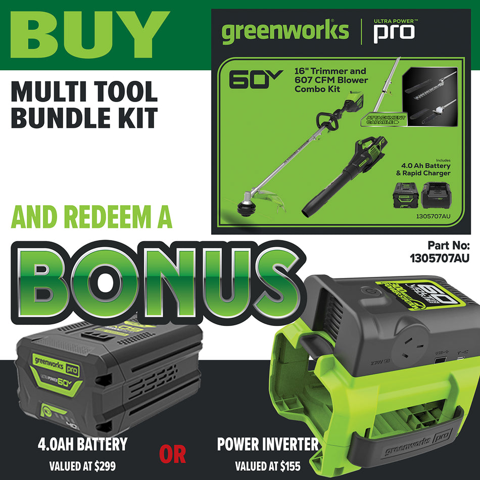Greenworks 60V 4Ah Multi Tool Value Kit [1305707AU] - 60V Multi Tool + Blower +Hedge Trimmer/Pole Saw Attach 4.0AH Kit