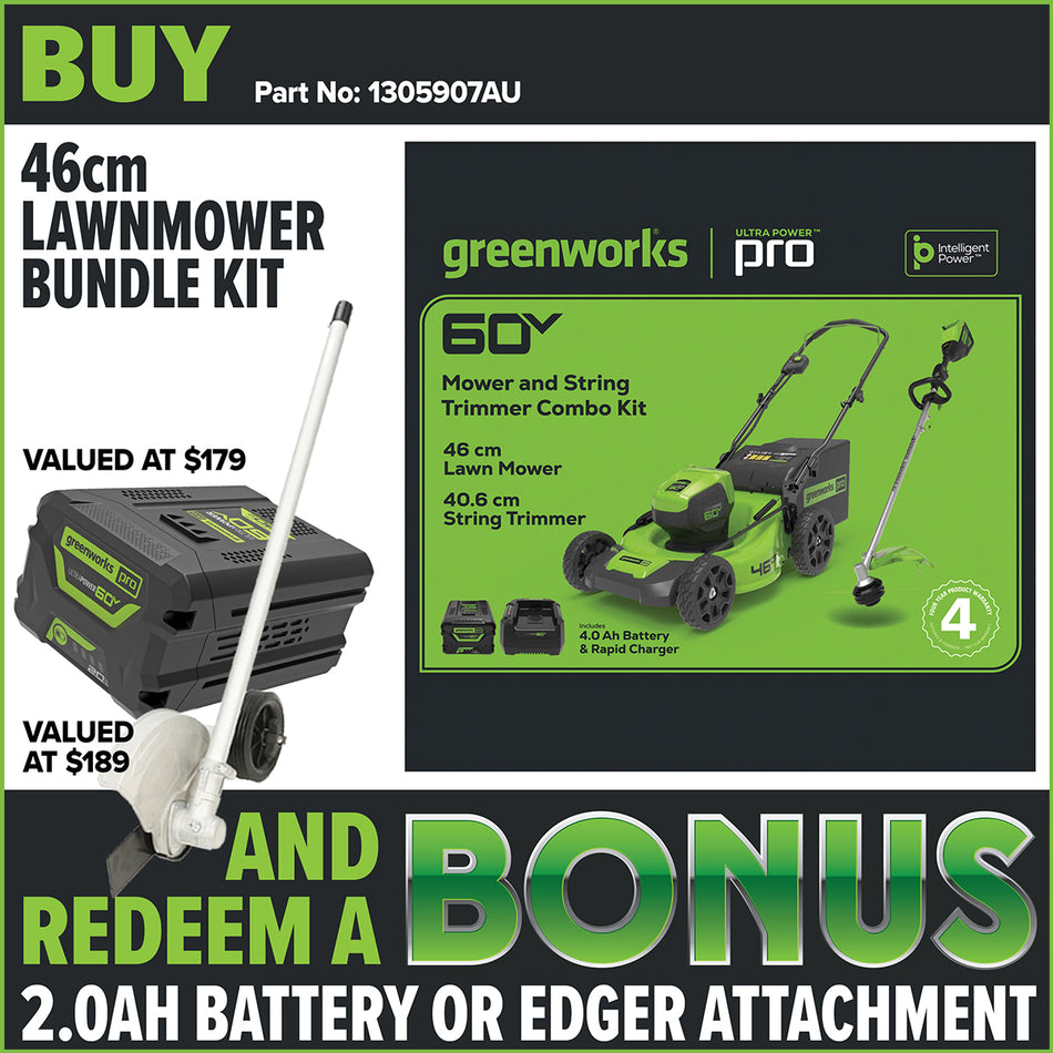 Greenworks 60V 46cm Lawnmower Bundle Kit - Kit comes with 1 x 60V lawnmower, 1 x string trimmer, battery and charger!