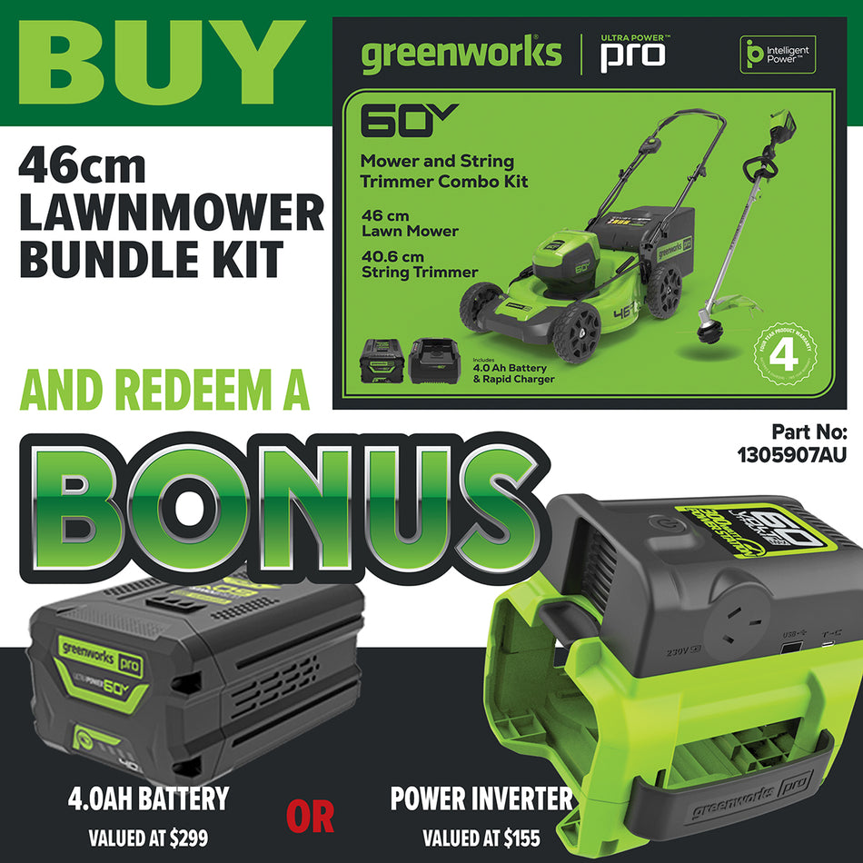 Greenworks 2502807 60V 46cm Lawnmower Bundle Kit [1305907AU] - Kit comes with 1 x 60V lawnmower, 1 x string trimmer, battery and charger!