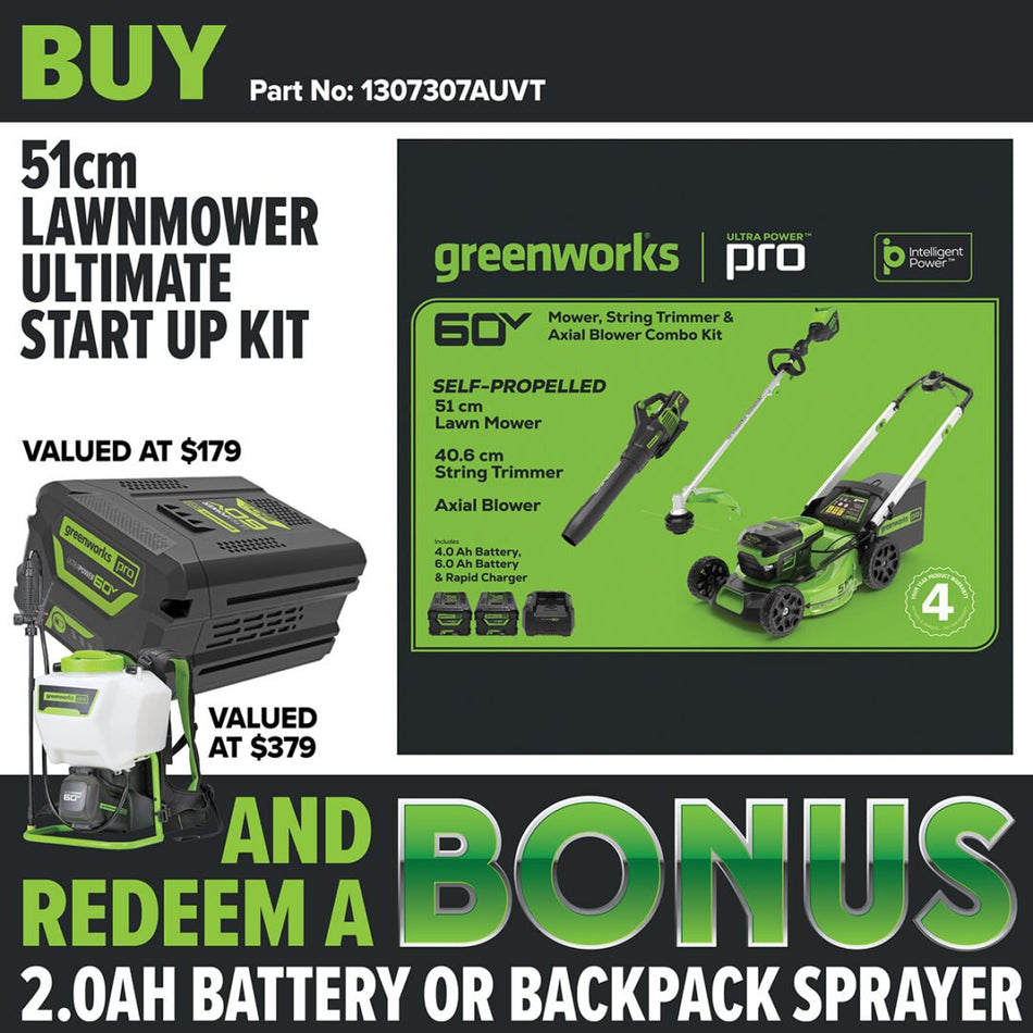 Greenworks 60V Ultimate Start Up Kit - Comes with SP lawnmower, blower, string trimmer, batteries and a charger.