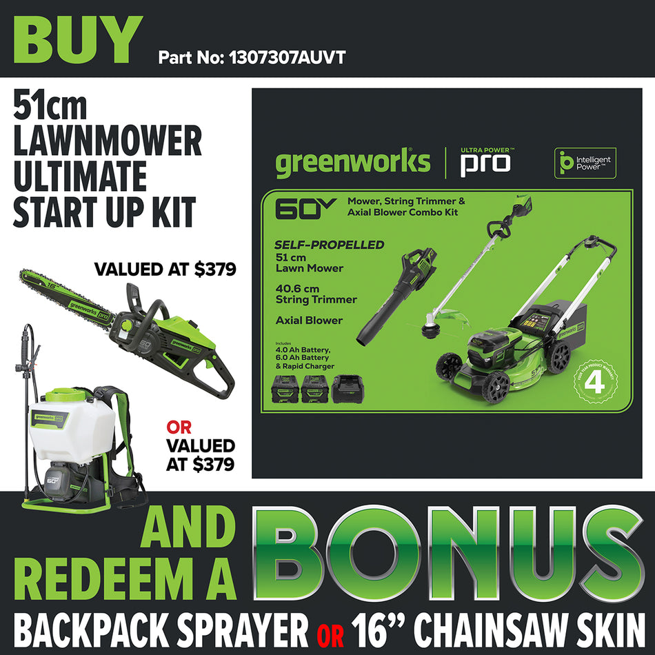 Greenworks LMC420 60V 51cm Lawnmower Ultimate Start Up Kit [1307307AUVT] - Comes with SP lawnmower, blower, string trimmer, batteries and a charger.