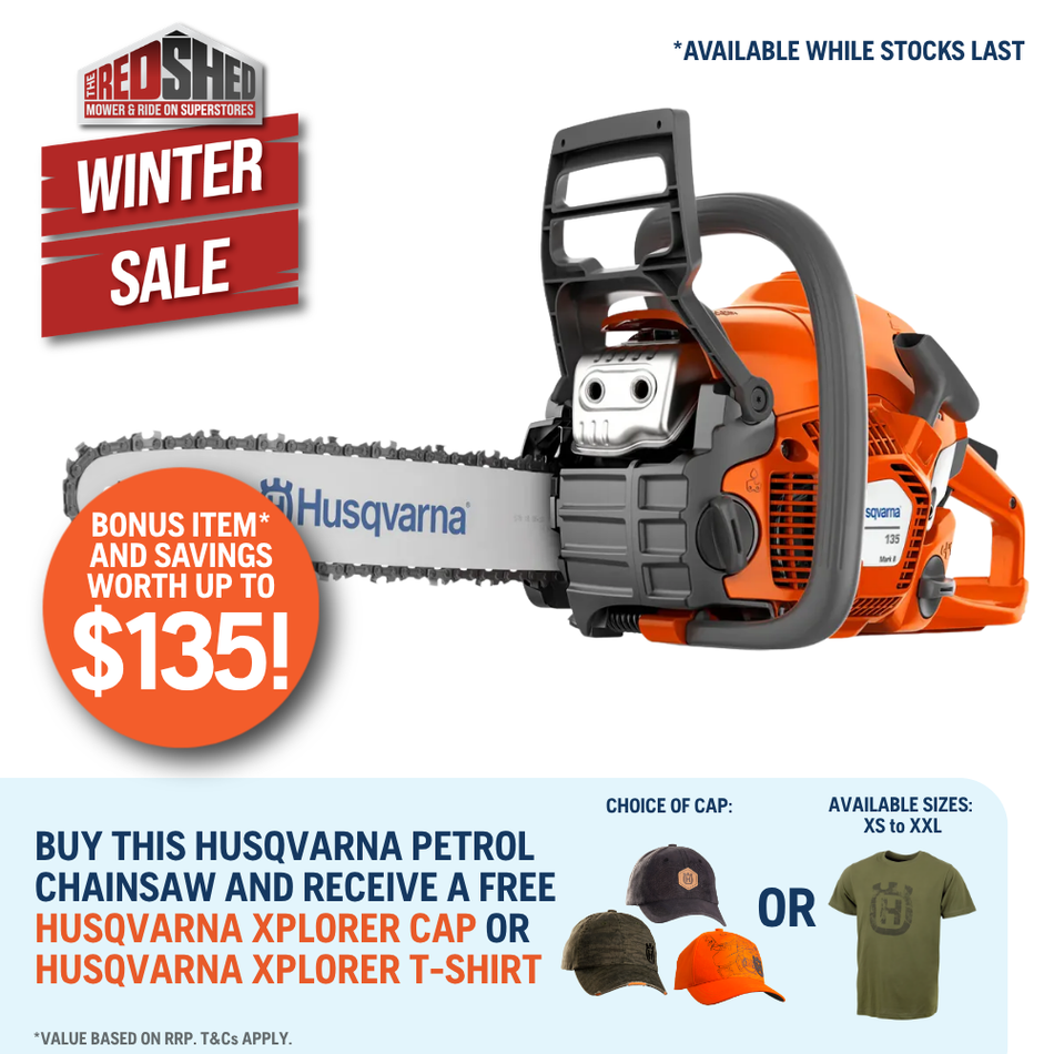 Husqvarna 135 Mark II Saw - Easy-to-use and powerful chainsaw with quick start.