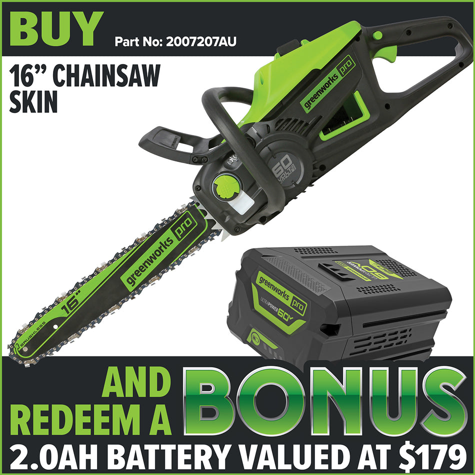 Greenworks 60V 16" Chainsaw Kit - 60V Chainsaw 16inch bar and automatic chain oiling system, low maintenance!