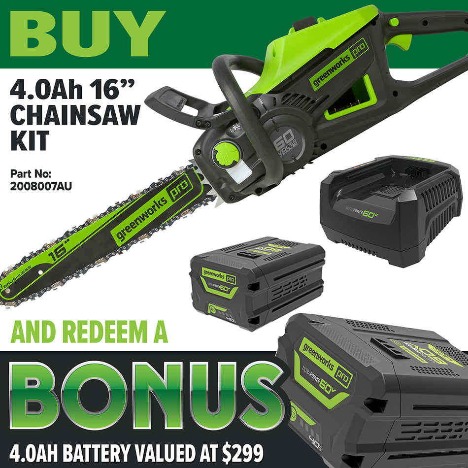 Greenworks CSC404 60V 16" Chainsaw [2007207AU] - 60V Chainsaw 16inch bar and automatic chain oiling system, low maintenance!