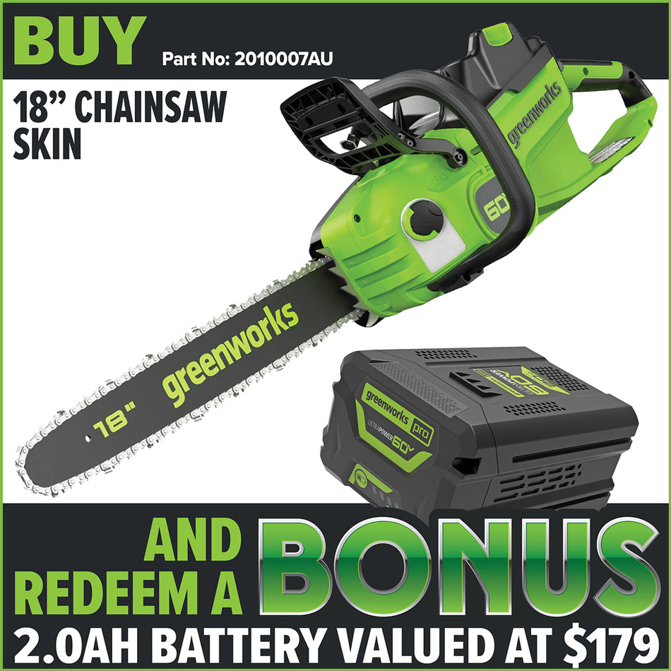 Greenworks 60V Pro Brushless Chainsaw (18″) - Includes 4.0Ah Battery and 6A Charger