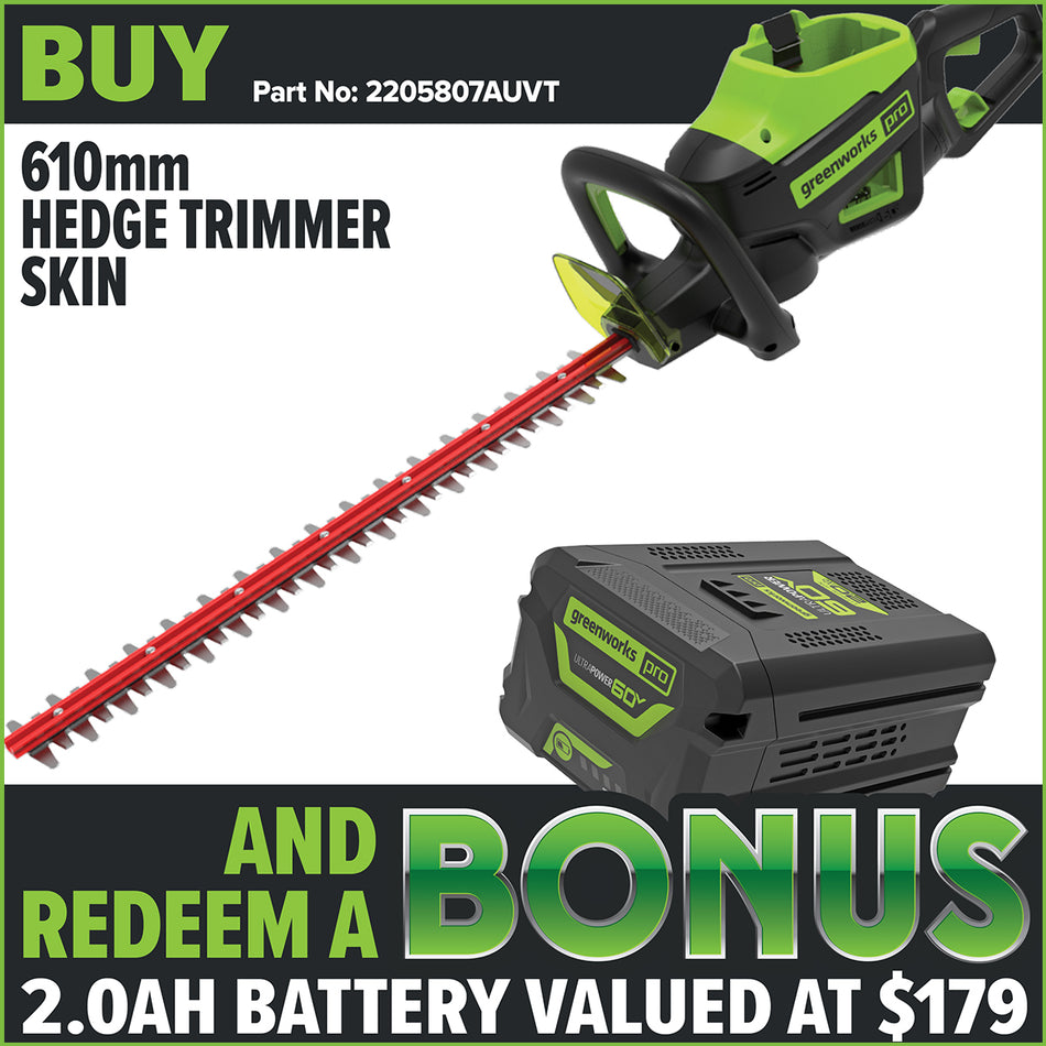 Greenworks 60V Hedge Trimmer - 60V hedge trimmer is a lightweight yet exceptionally powerful unit designed