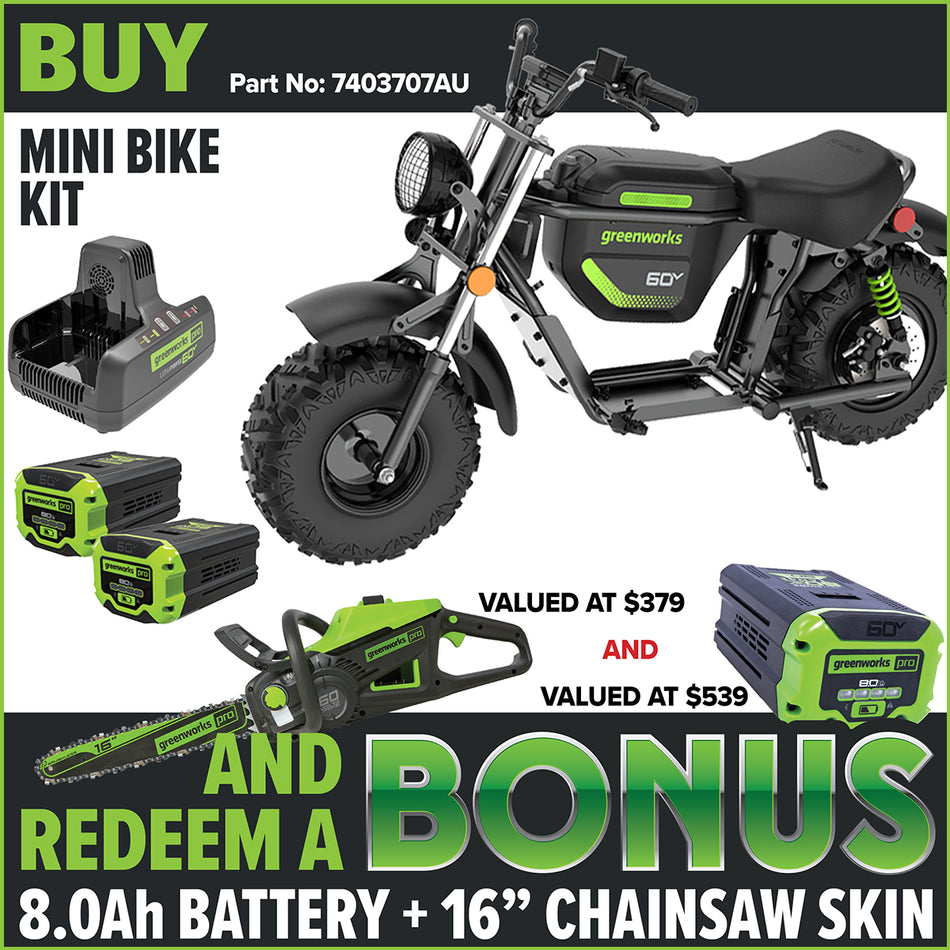 Greenworks OVC912 60V STEALTH Series Off-Road Mini Bike Kit [7403707AU]