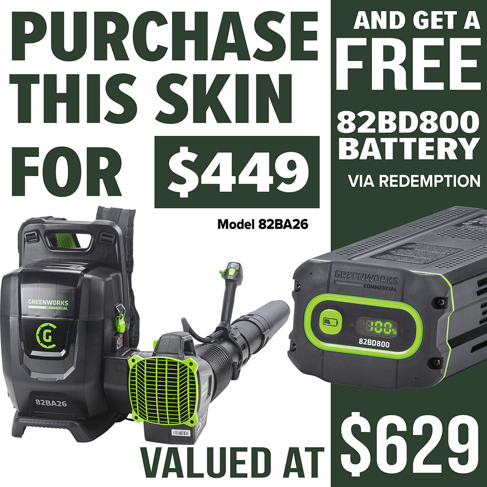 Greenworks 82BA26 82V Dual Port Backpack Blower [2407807AU] - 82V commercial blower, dual battery ports, variable speed, constant power