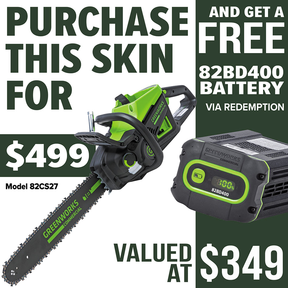 Greenworks 82V 18'' 2.7kW Chainsaw - 18" bar and chain, automatic oiler, 2700w brushless motor, low noise