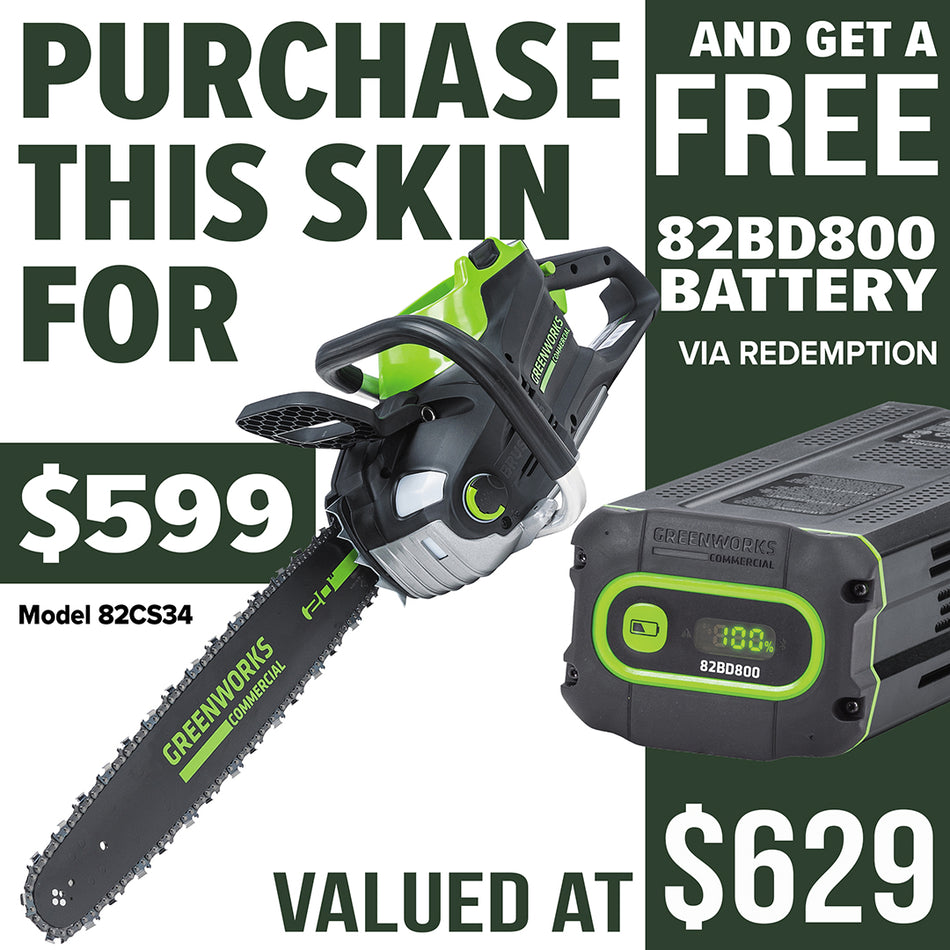 Greenworks 82V 20'' 3.4kW Chainsaw - 20" bar and chain, automatic oiler, 3400w brushless motor, low noise