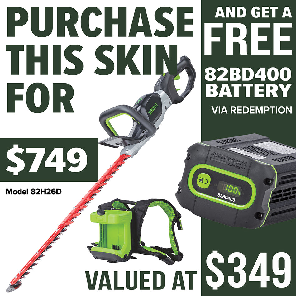 Greenworks 82V Hedge Trimmer (Skin) - 82V Trimmer with 26" blade, 4300 strokes per minute, 180° rotating handle