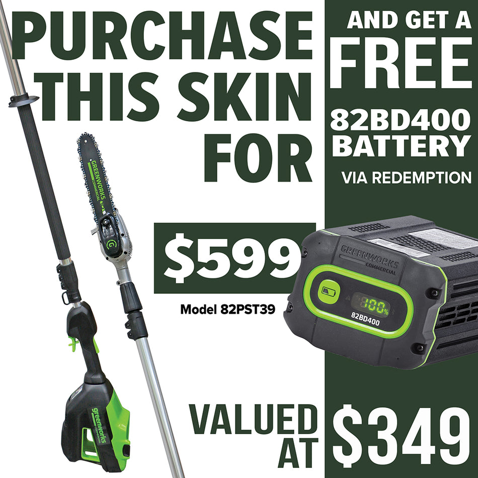 Greenworks 82V Telescopic Pole Saw - Exceptional efficiency and performance 30% more than a petrol model.