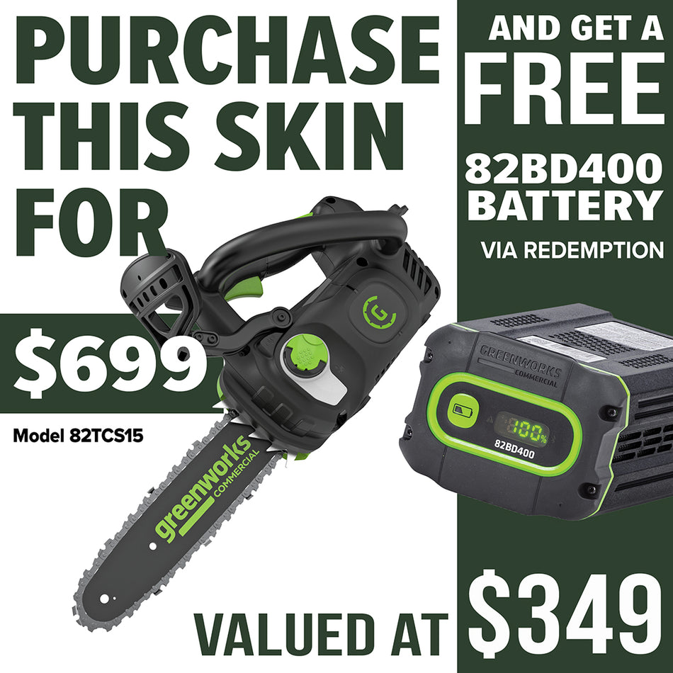 Greenworks 1.5kW Top Handle Chainsaw - 82V high performance, exceptionally lightweight and powerful top handle battery chainsaw.