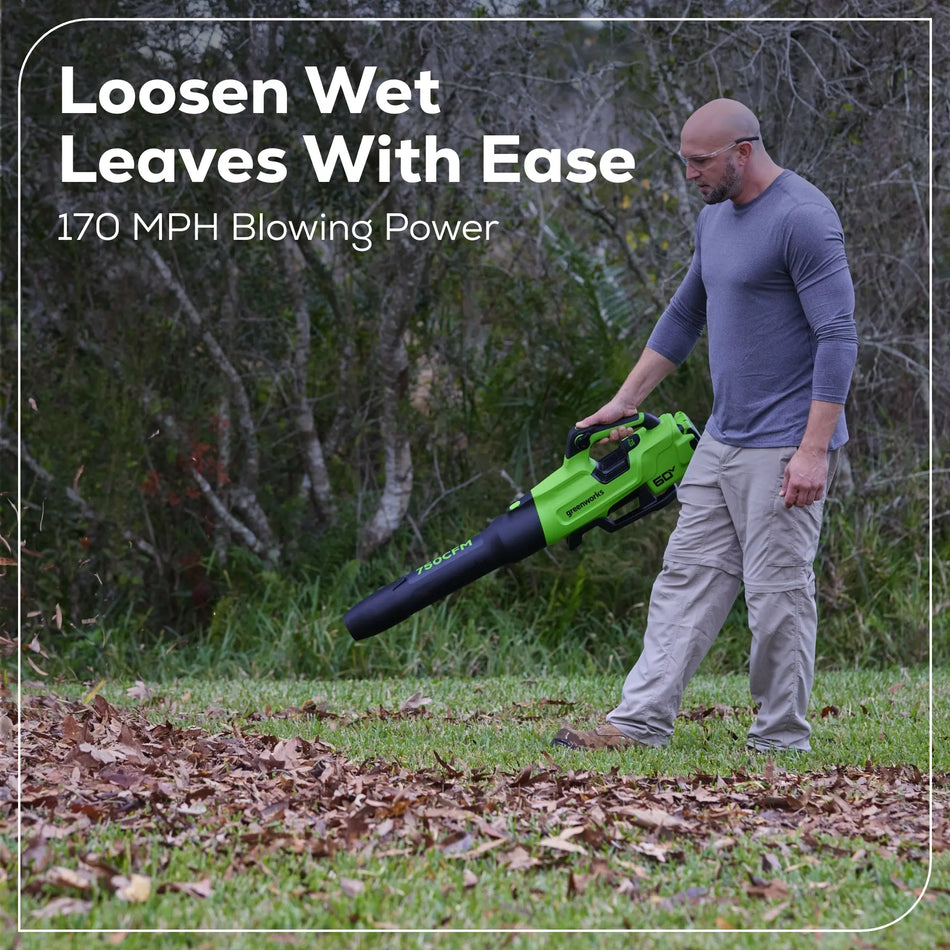 Greenworks BL60L03 60V Pro 750 CFM Air Blower - Delivers an incredible blowing force of 290km/h max air speed.