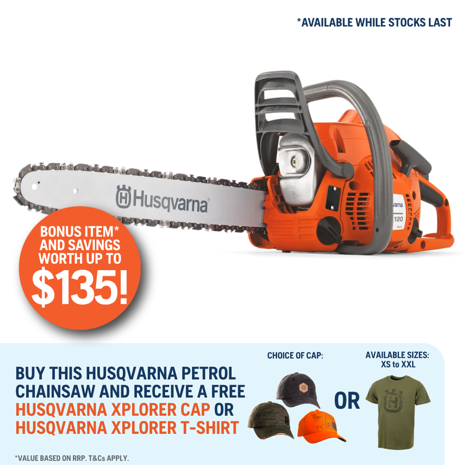 Husqvarna 120 Mark II Chainsaw - 38.2cc Chainsaw with 14" bar, 4.85kg weight and 1.4 kW power output