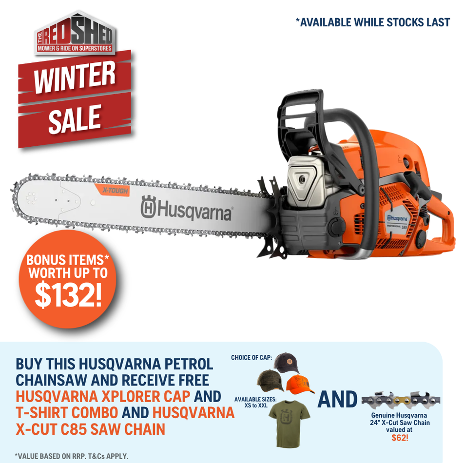 Husqvarna 585 Chainsaw - Professional 86cc chainsaw for heavy-duty forestry in tough conditions.