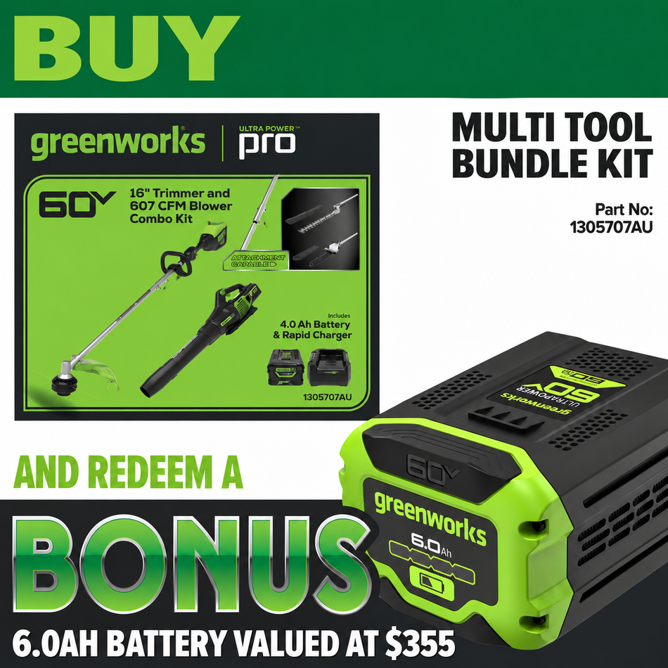 Greenworks 60V 4Ah Multi Tool Value Kit [1305707AU] - 60V Multi Tool + Blower +Hedge Trimmer/Pole Saw Attach 4.0AH Kit