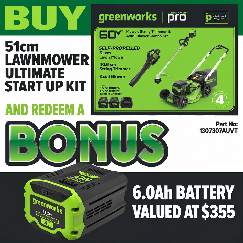 Greenworks LMC420 60V 51cm Lawnmower Ultimate Start Up Kit [1307307AUVT] - Comes with SP lawnmower, blower, string trimmer, batteries and a charger.