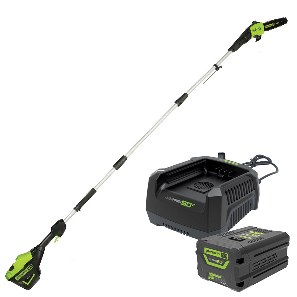 Greenworks GD60PS25 60V Pro 10″ Brushless Pole Saw - Up to 85 cuts per charge ideal for cleaning up your yard.