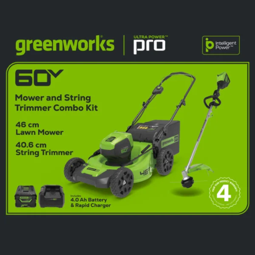 Greenworks 60V 46cm Lawnmower Bundle Kit - Kit comes with 1 x 60V lawnmower, 1 x string trimmer, battery and charger!