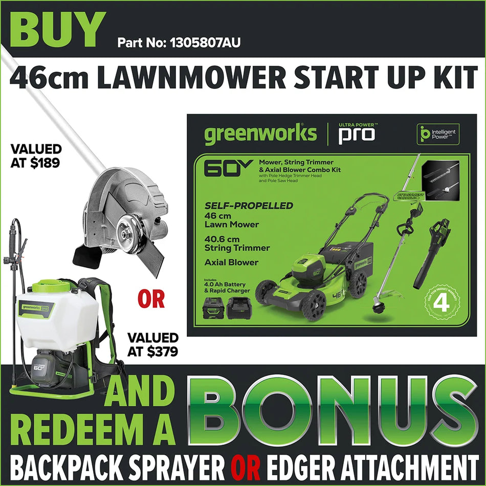 Greenworks LMC410 60V 46cm Self-Propelled Lawnmower Start Up Kit [1305807AU]