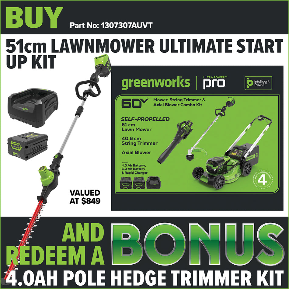 Greenworks LMC420 60V 51cm Lawnmower Ultimate Start Up Kit [1307307AUVT] - Comes with SP lawnmower, blower, string trimmer, batteries and a charger.