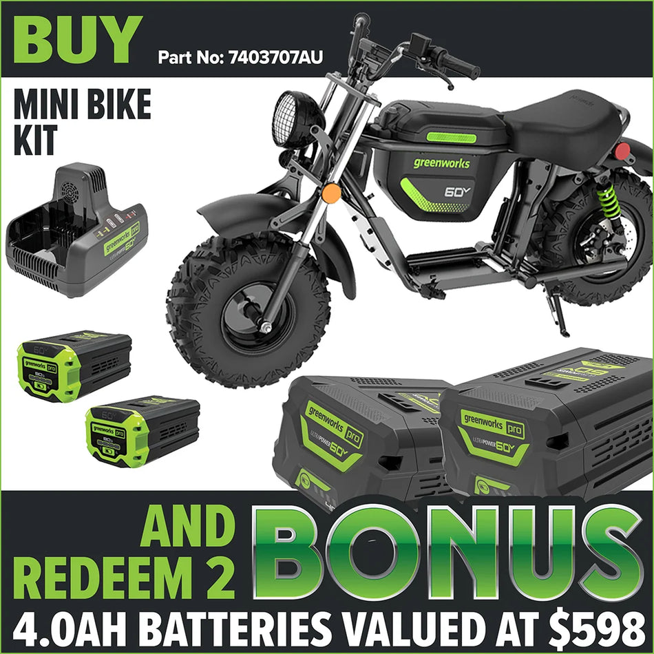 Greenworks OVC912 60V STEALTH Series Off-Road Mini Bike Kit [7403707AU]