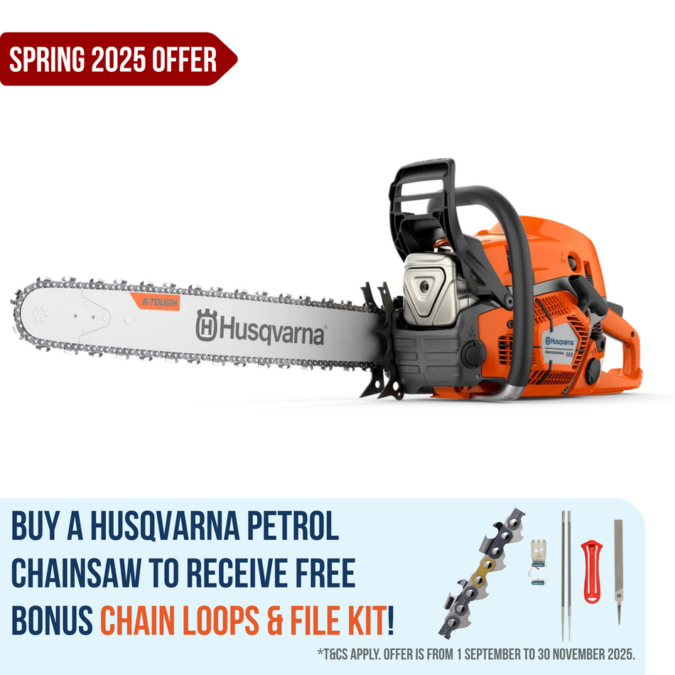 Husqvarna 585 Chainsaw - Professional 86cc chainsaw for heavy-duty forestry in tough conditions.