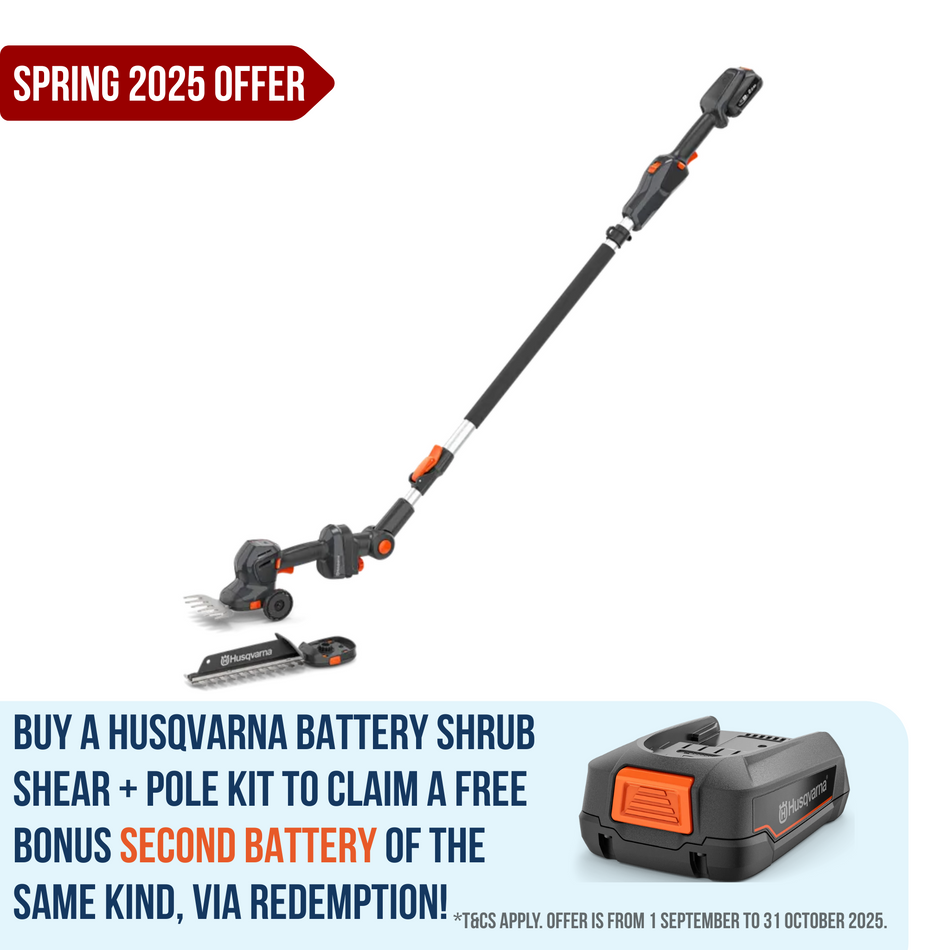 Husqvarna Aspire Shrub Shear + Pole 18V - Battery-powered multi-tool for trimming grass edges, shaping bushes & edges