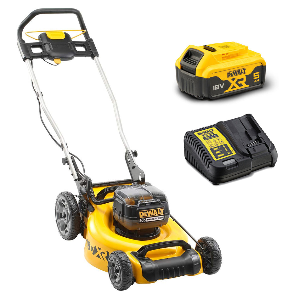 DeWALT 18V XR 19in Lawn Mower Kit - 510mm cut, 36V power, 55L collector, mulching, bagging, 800m² coverage