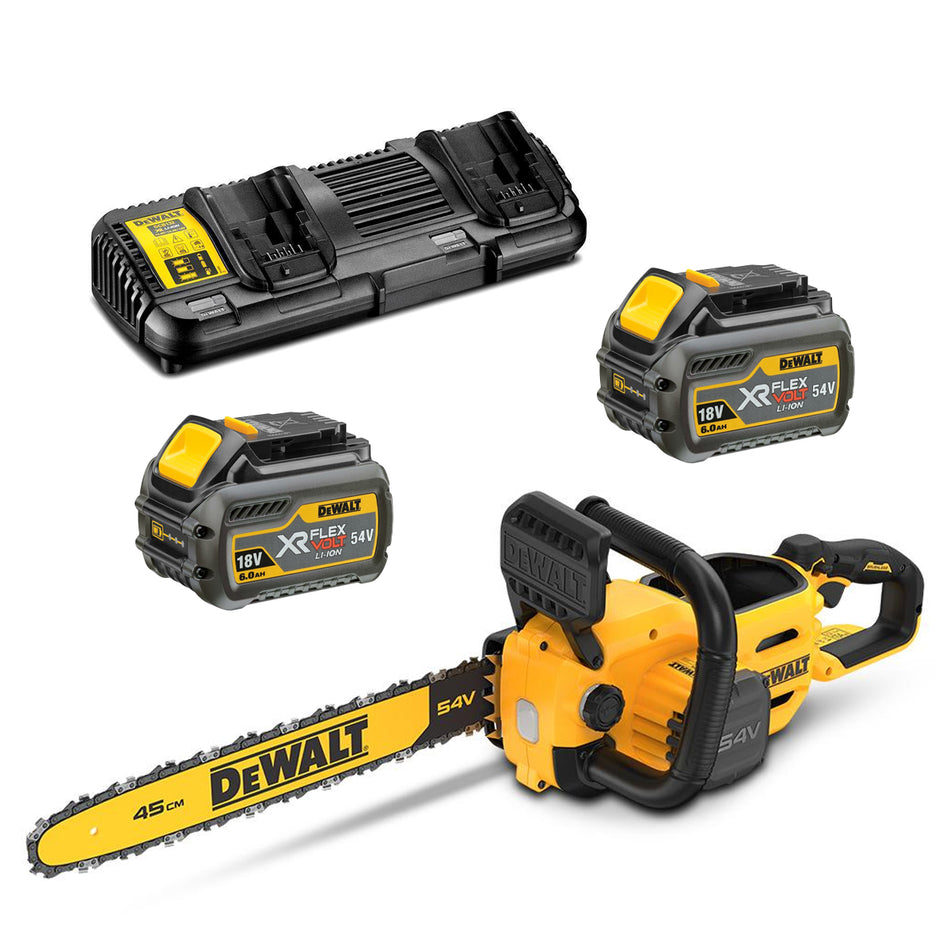 DeWALT 54V 12Ah 45cm Chainsaw Kit - 54V 45cm chainsaw with brushless motor, easy tensioning, & auto-oiling tech