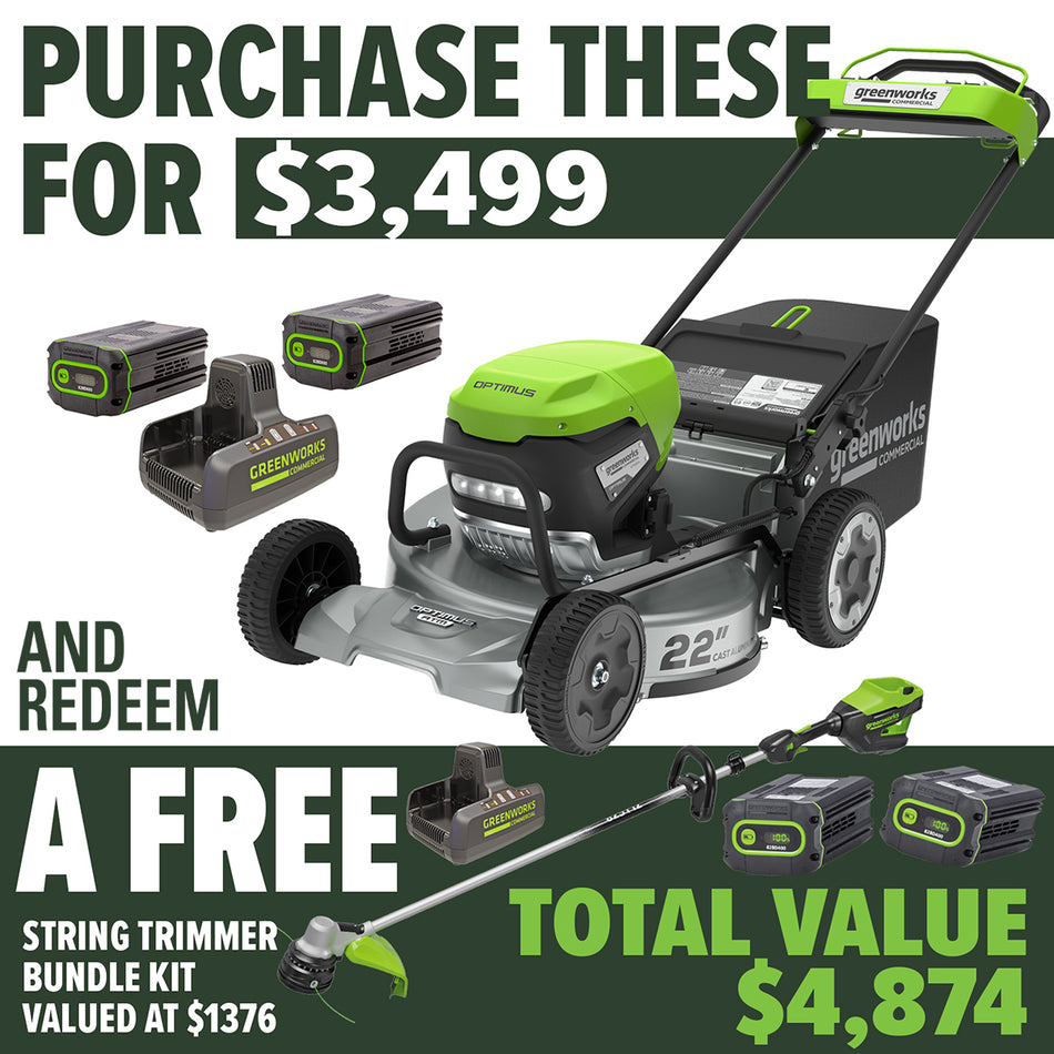 Greenworks Optimus ATM22 – 22” Alloy Base Self Propelled Lawn Mower Bundle Kit