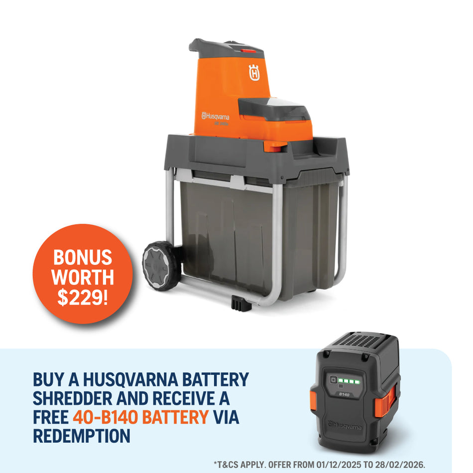 Husqvarna GS 340is Shredder - Battery-powered shredder for efficient debris disposal and smart storage.