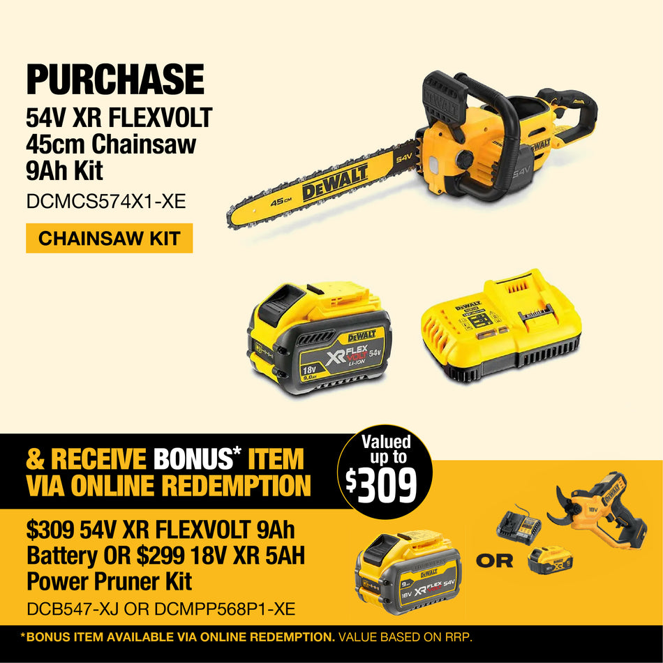 DeWALT 54V XR FLEXVOLT 45cm Chainsaw 9Ah Kit - Outstanding durability, reliability, and efficiency