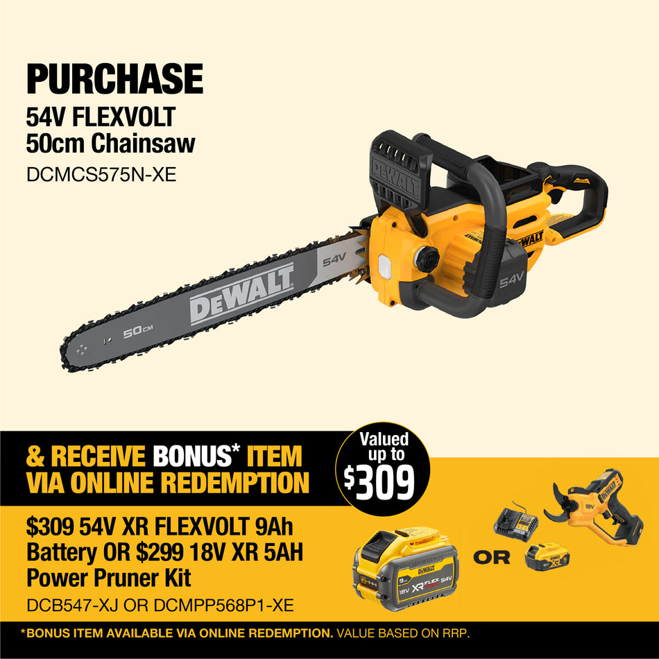 DeWALT 54V FLEXVOLT 50cm Chainsaw - Designed for exterior construction clean-up or outdoor landscape maintenance