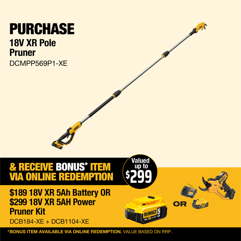 DeWALT 18V XR Pole Pruner  - Lightweight aluminium pole, class leading ergonomics, 38mm cutting capacity, and 2,715 cuts per charge