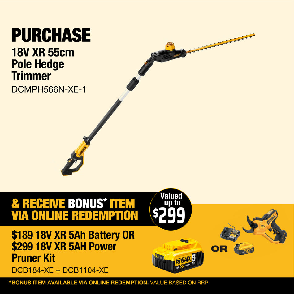 DeWALT 18V XR 55cm Pole Hedge Trimmer - Long-reach 18V Pole Hedge Trimmer with 7-position head & 55cm long blade!