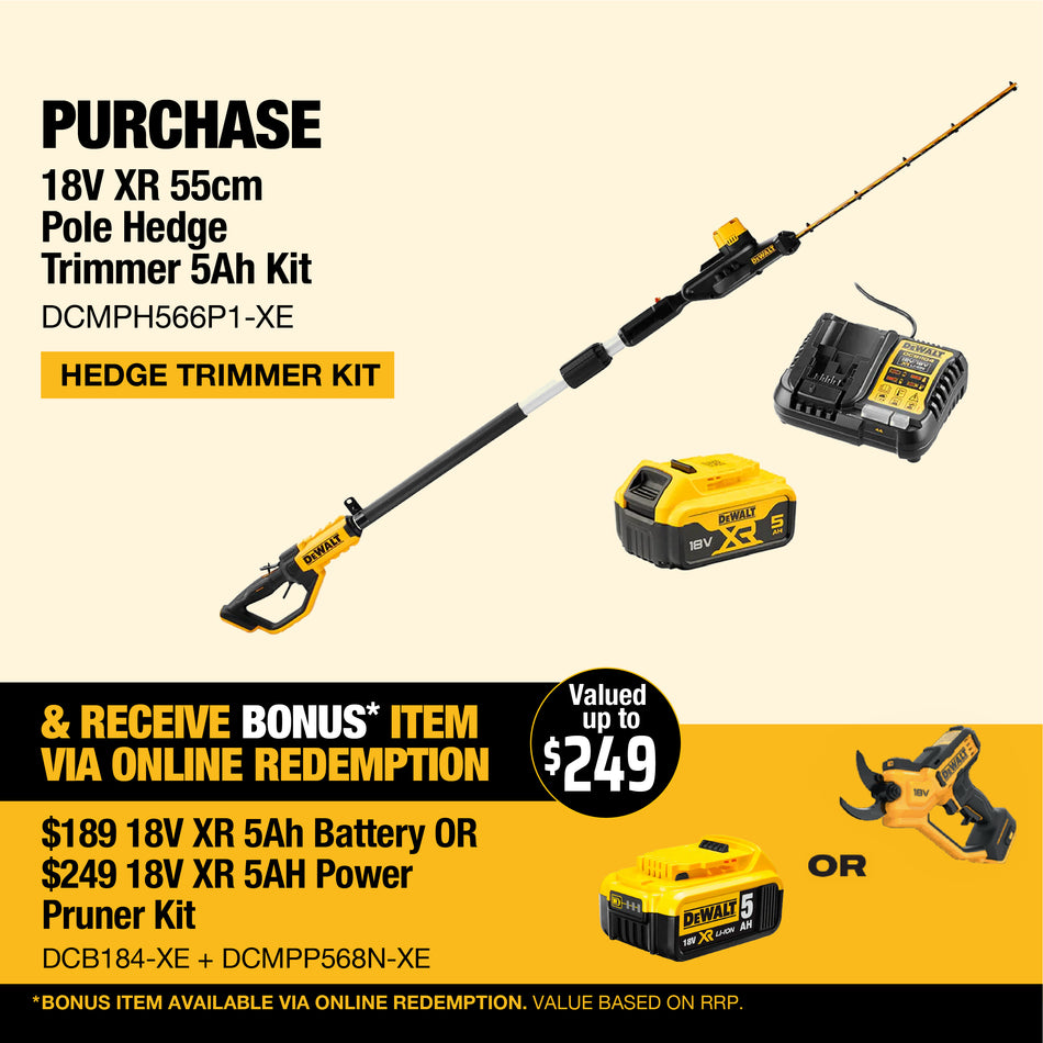 DeWALT 18V XR 55cm Pole Hedge Trimmer - Long-reach 18V Pole Hedge Trimmer with 7-position head & 55cm long blade!