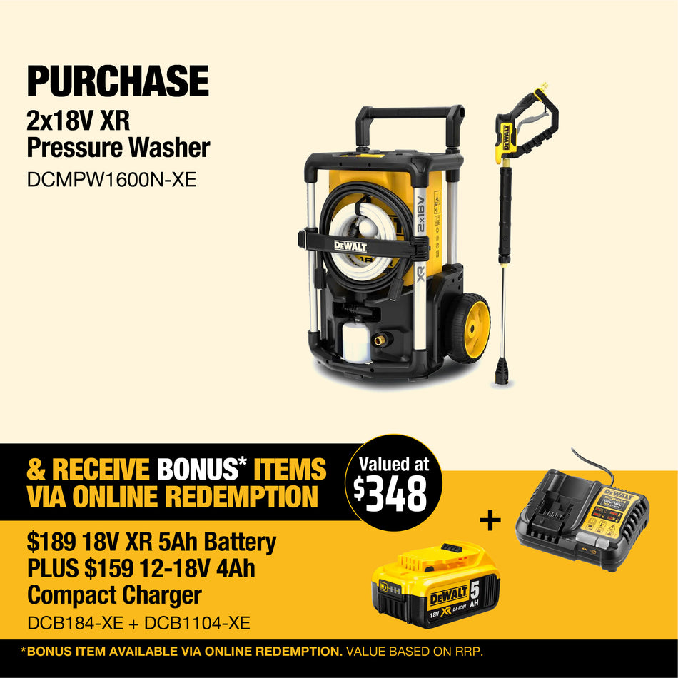 DeWALT 2x18V XR Pressure Washer - Cordless power, 3 pressure modes, durable design, up to 63 minutes runtime