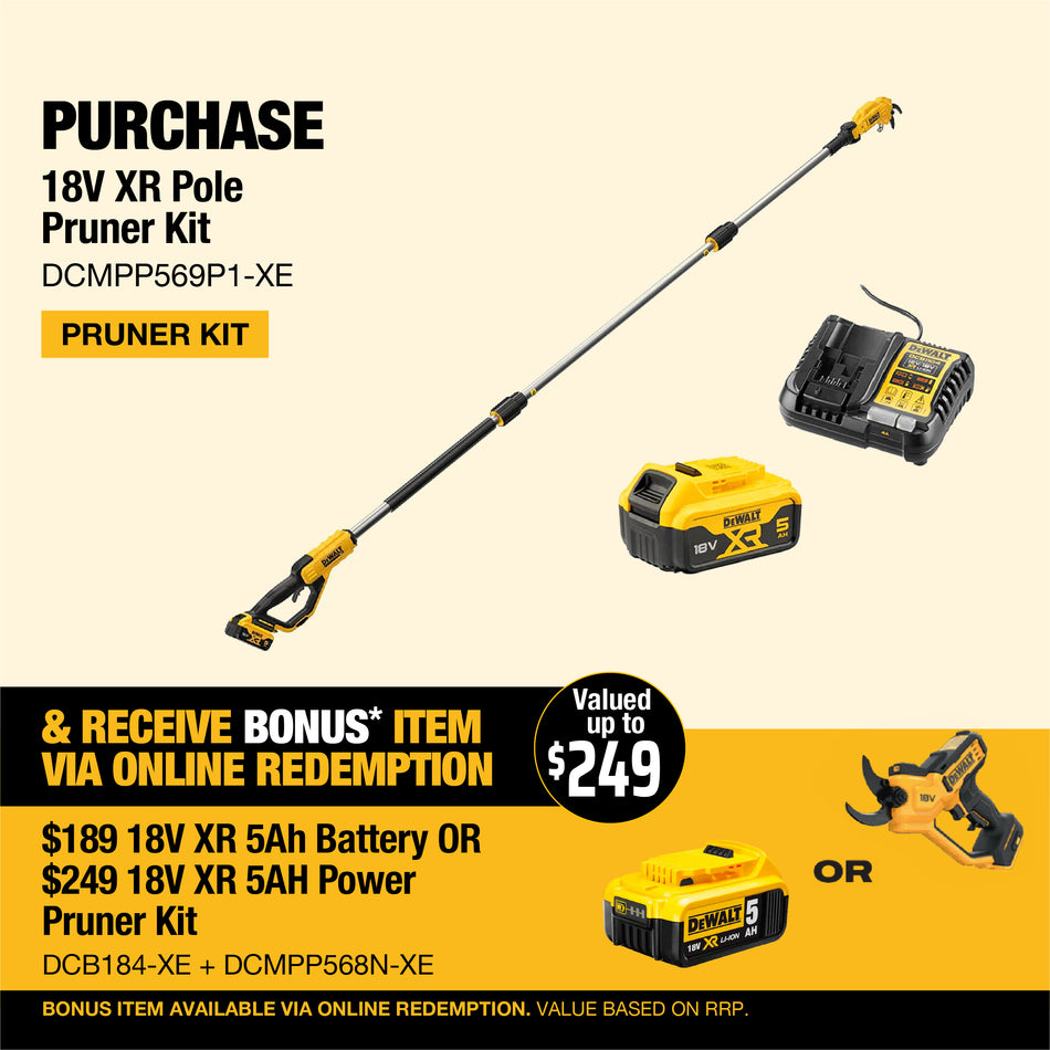 DeWALT 18V XR Pole Pruner  - Lightweight aluminium pole, class leading ergonomics, 38mm cutting capacity, and 2,715 cuts per charge
