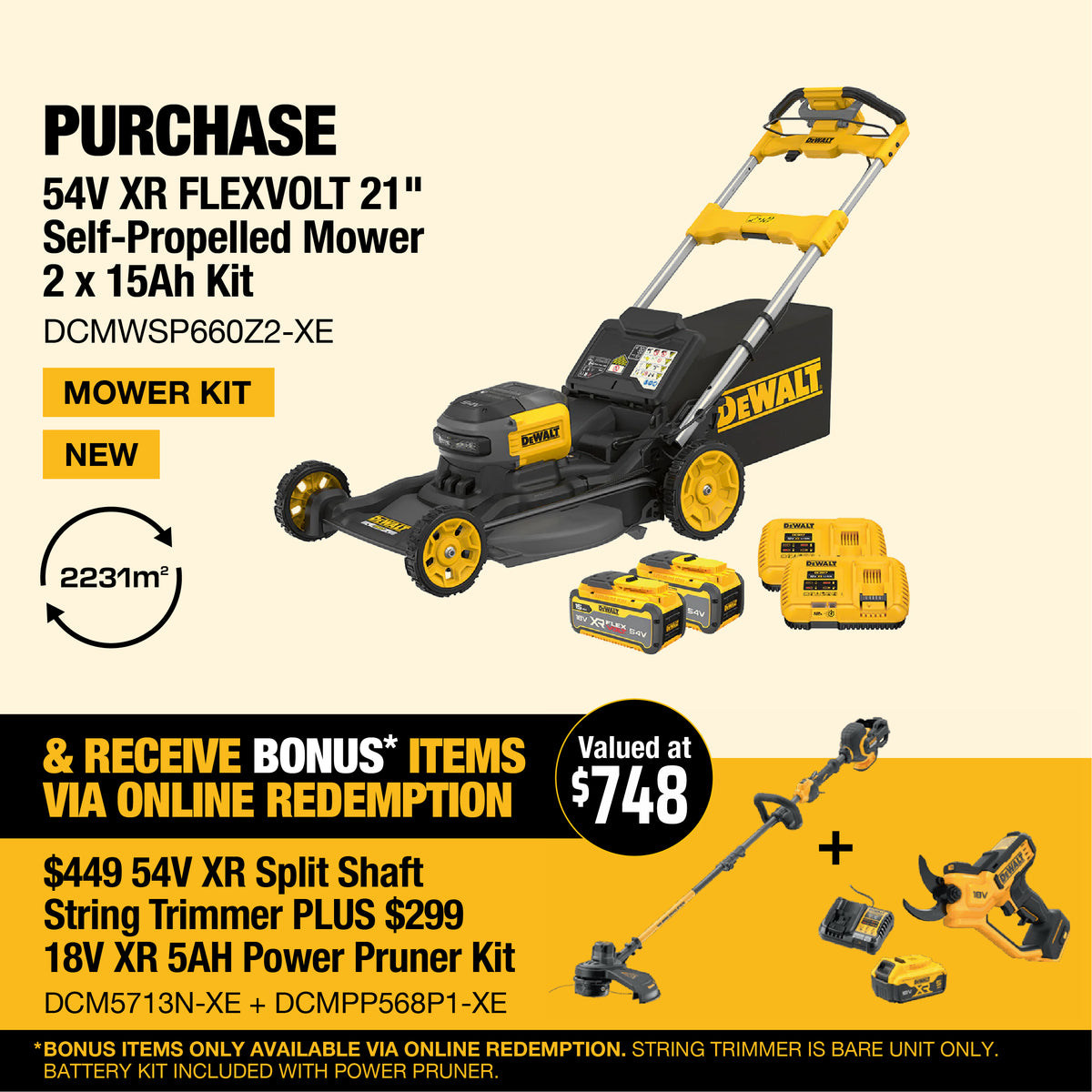 DeWALT-DeWALT 54V XR FLEXVOLT 21" Self-Propelled Mower 2x 15Ah Kit - With dual 15Ah battery packs for unmatched runtime and durability-Lawn Mower-