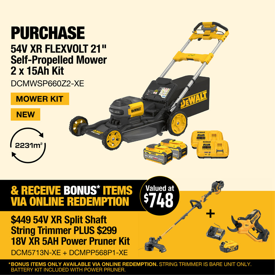 DeWALT 54V XR FLEXVOLT 21" Self-Propelled Mower 2x 15Ah Kit - With dual 15Ah battery packs for unmatched runtime and durability