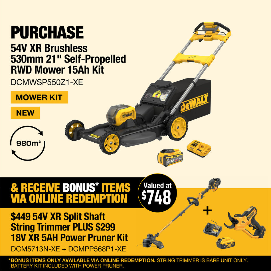DeWALT 54V XR Brushless 530mm 21" Self-Propelled RWD Mower 15Ah Kit - Ideal for heavy users who are looking for a quiet but powerful mower