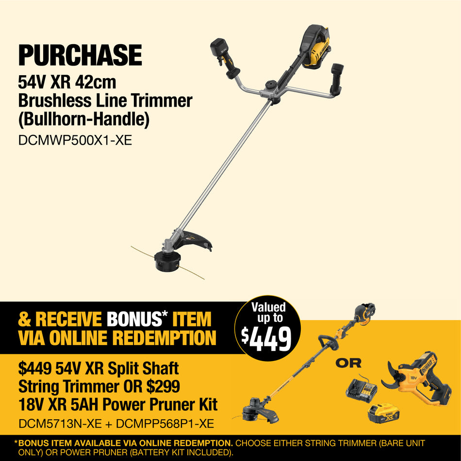 DeWALT 54V XR 42cm Brushless Line Trimmer (Bullhorn-Handle) - Designed for precision, durability, and comfort