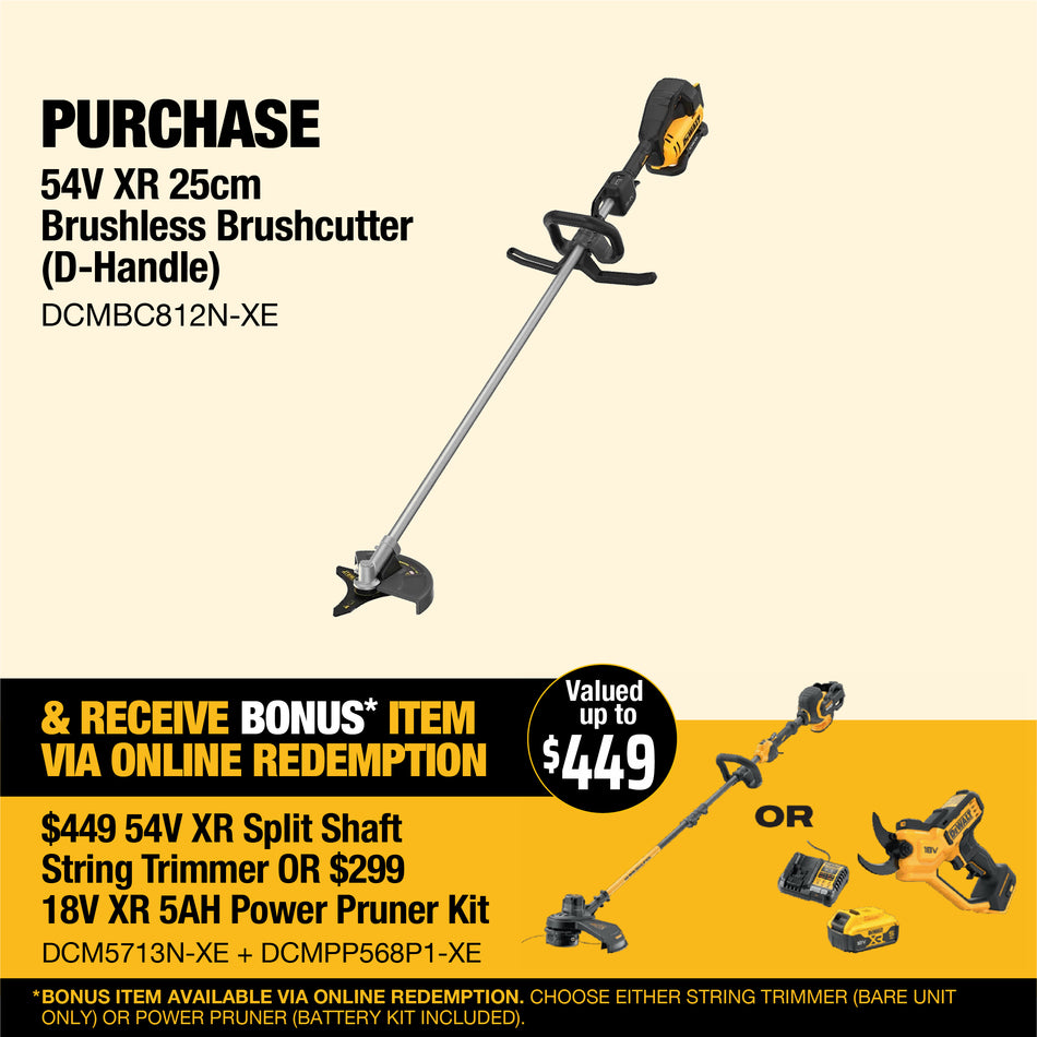 DeWALT 54V XR 25cm Brushless Brushcutter (D-Handle) - Complete user control, reduced downtime, and the toughness to cut through thick grass and brush