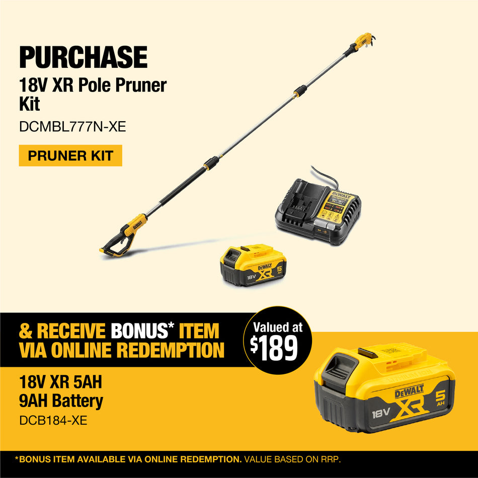DeWALT 18V XR Pole Pruner  - Lightweight aluminium pole, class leading ergonomics, 38mm cutting capacity, and 2,715 cuts per charge